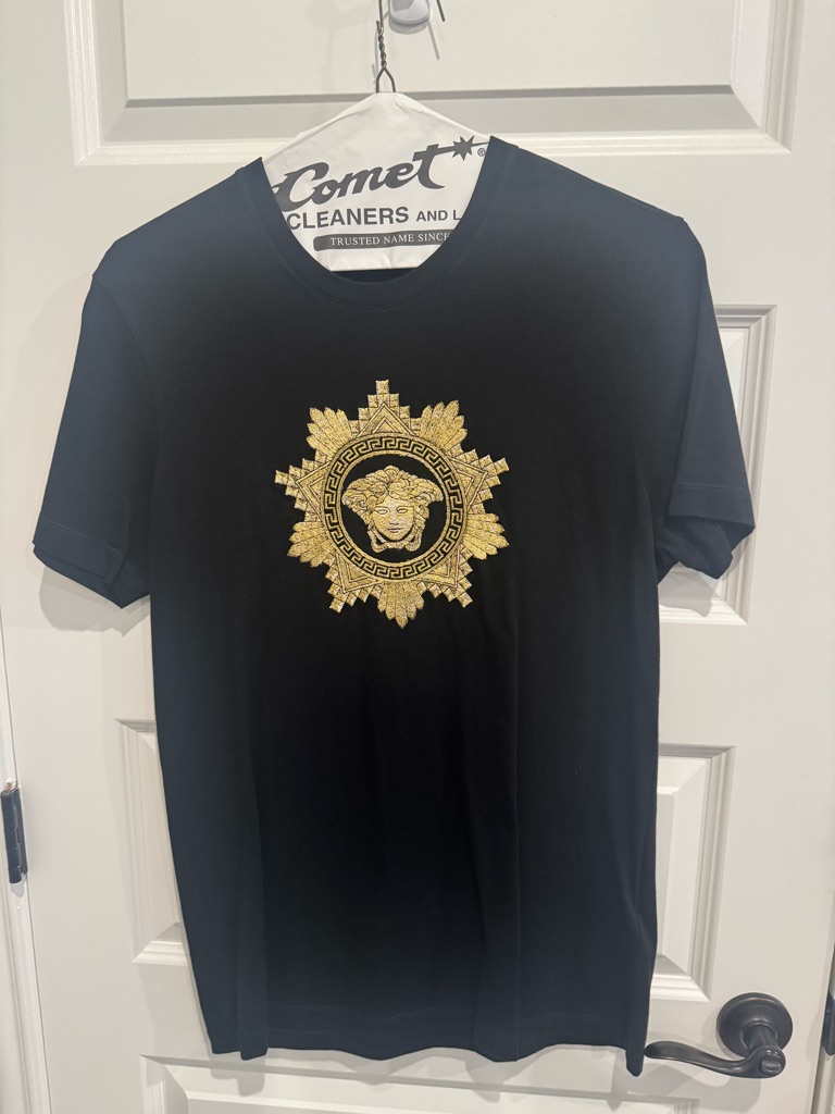Versace Black Tee With Gold Medusa Crest